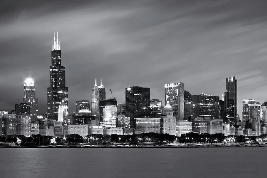 Chicago Photograph - Chicago Skyline At Night Black And White  by Adam Romanowicz