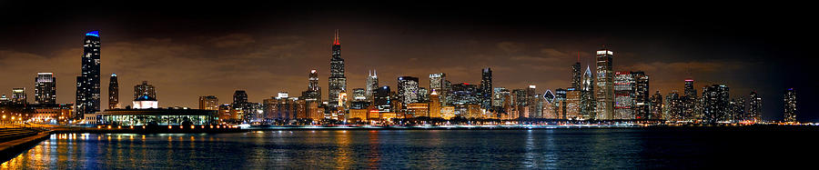 Chicago Skyline Photograph - Chicago Skyline at NIGHT Extra Wide Panorama by Jon Holiday