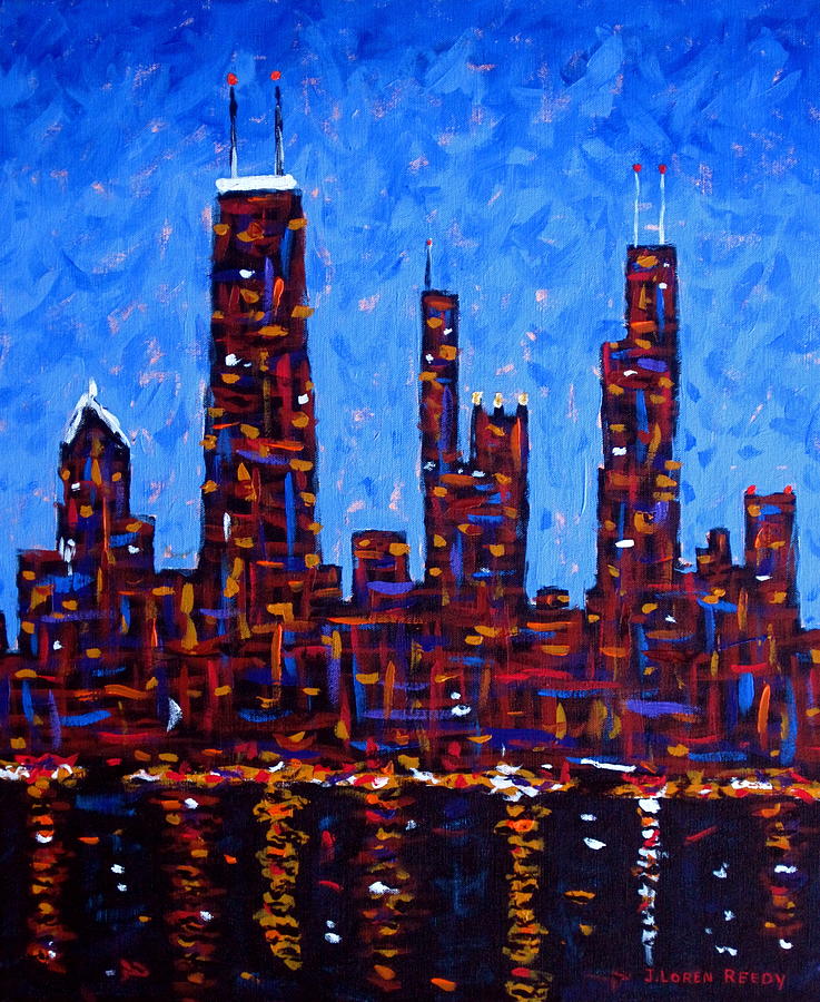 Chicago Skyline Painting - Chicago Skyline at Night from North Avenue Pier - vertical by J Loren Reedy