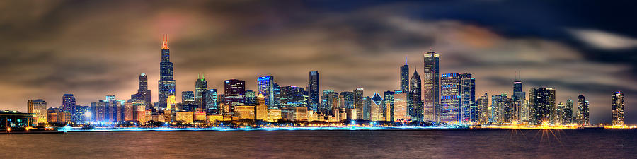 Chicago Skyline at NIGHT Panorama Photograph by Jon Holiday