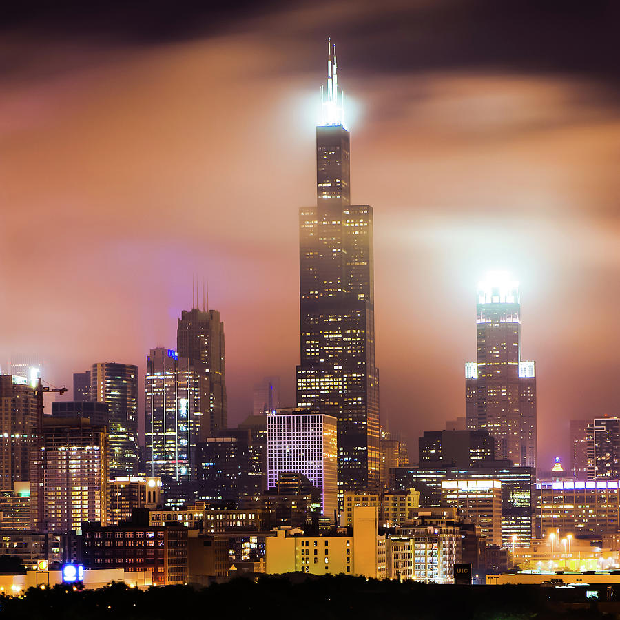 Chicago Skyline Photograph - Chicago Skyline at Night Under Hazy Skies - 1x1 by Gregory Ballos