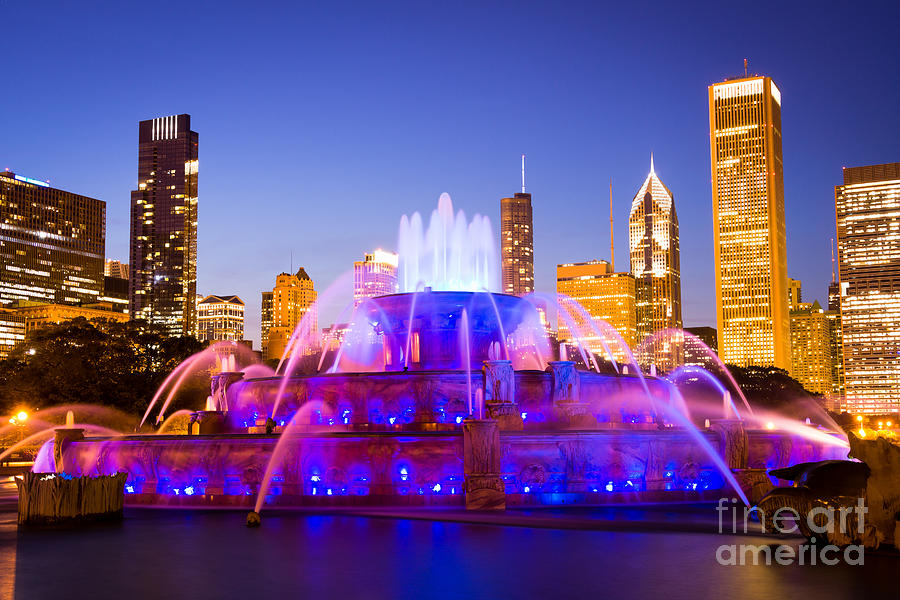 Chicago Skyline at Night with Buckingham Fountain Photograph by Paul Velgos