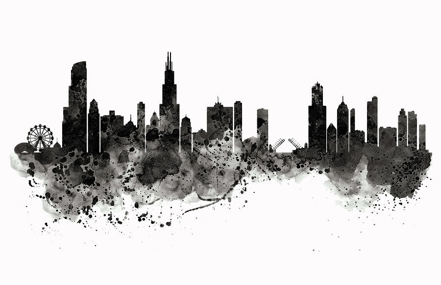 Chicago Skyline Black and White Painting by Marian Voicu
