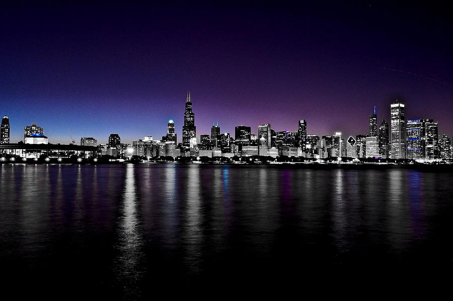 Chicago Skyline BnW with blue-purple Photograph by Richard Zentner