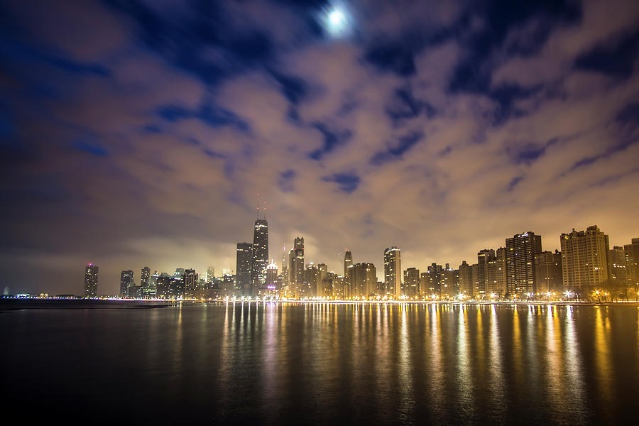 Chicago Skyline, fog, moon at dawn Photograph by Sven Brogren