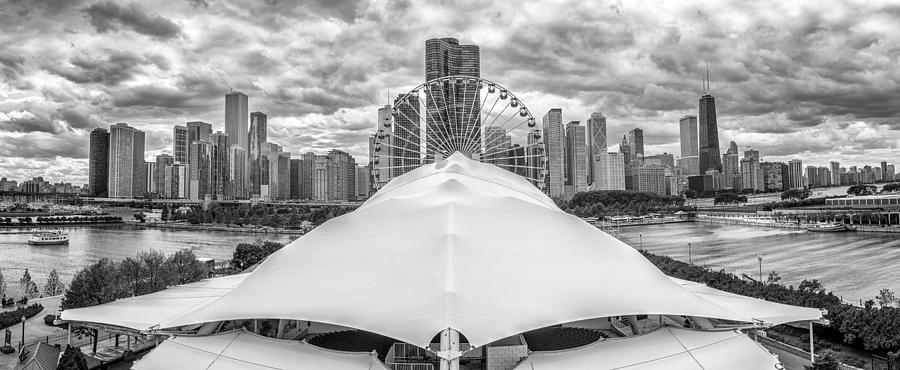 Architecture Photograph - Chicago Skyline from Navy Pier Black and White by Adam Romanowicz