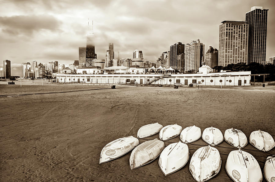 America Photograph - Chicago Skyline From the Beach - Sepia by Gregory Ballos
