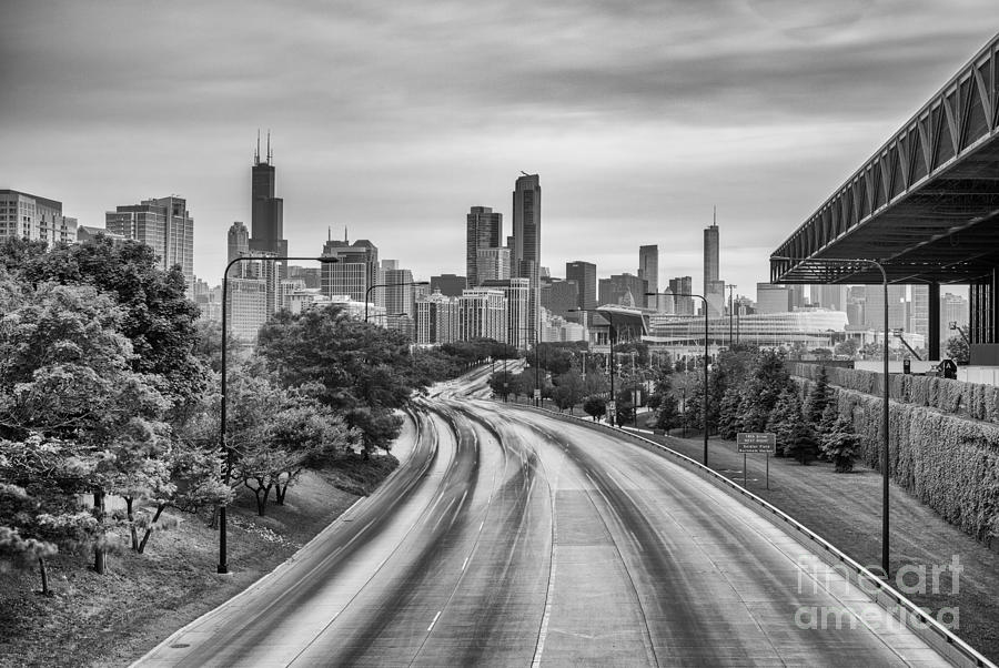 Chicago Photograph - Chicago Skyline in Black and White from the McCormick Place Pedestrian Bridge over Lake Shore Drive  by Silvio Ligutti