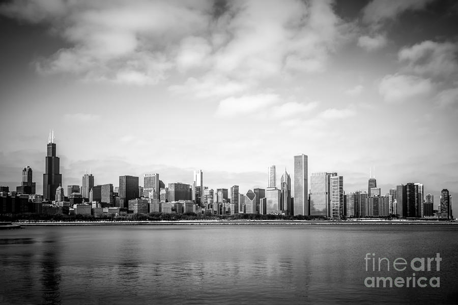 Chicago Skyline Lakefront Black and White Photo Photograph by Paul Velgos
