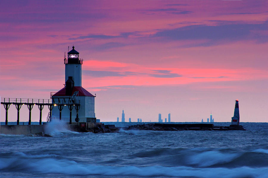 Chicago Skyline Lighthouse Photograph