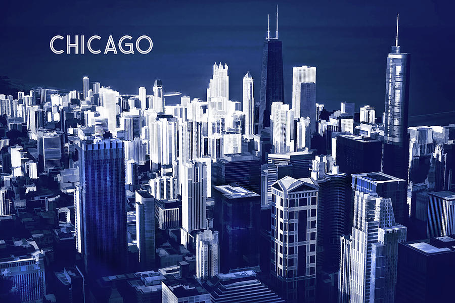Architecture Painting - Chicago Skyline Midnight Blue Quadtone TEXT CHICAGO by Elaine Plesser
