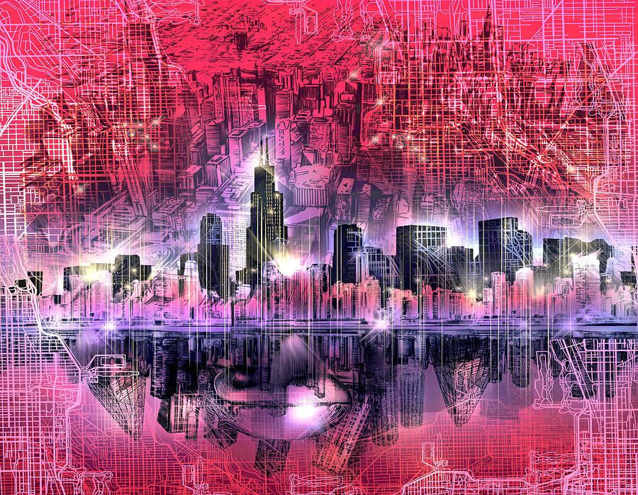 Chicago Skyline Painting - Chicago Skyline Red Version by Bekim M
