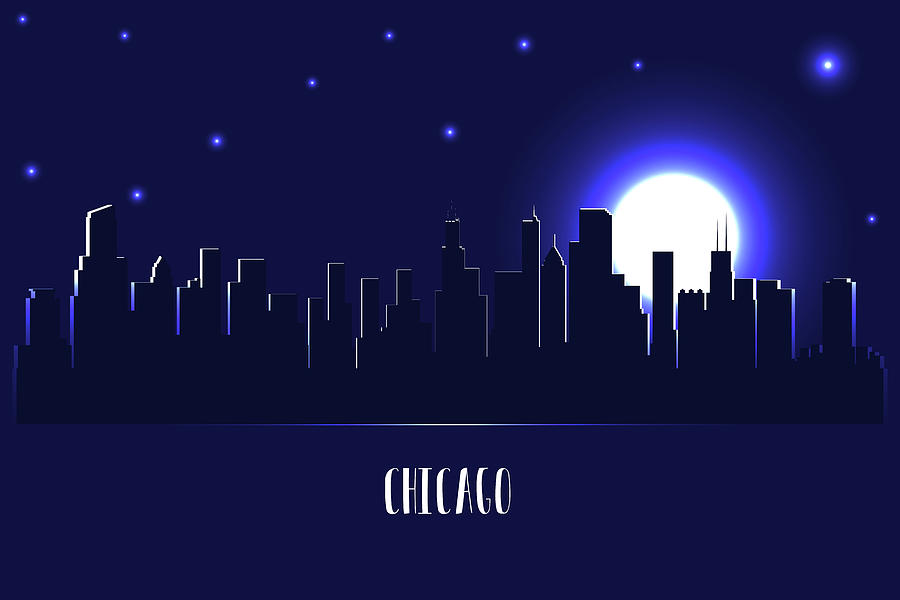 Chicago Skyline Silhouette At Night Digital Art