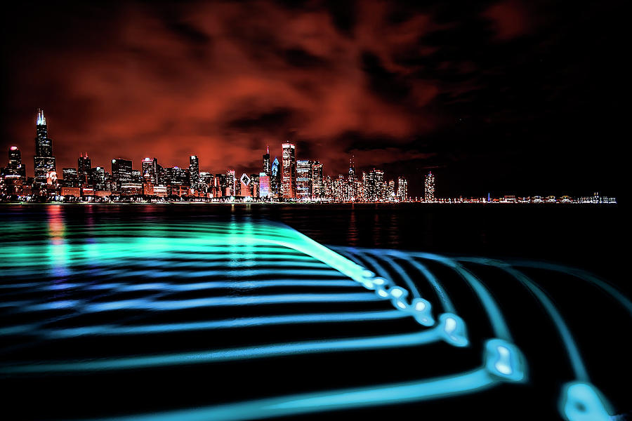 Chicago Skyline with blue pixel stick light painting Photograph by Sven Brogren