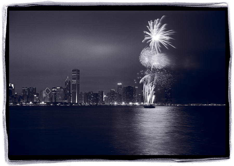 Chicago Photograph - Chicago Skyline With Fireworks by Steve Gadomski
