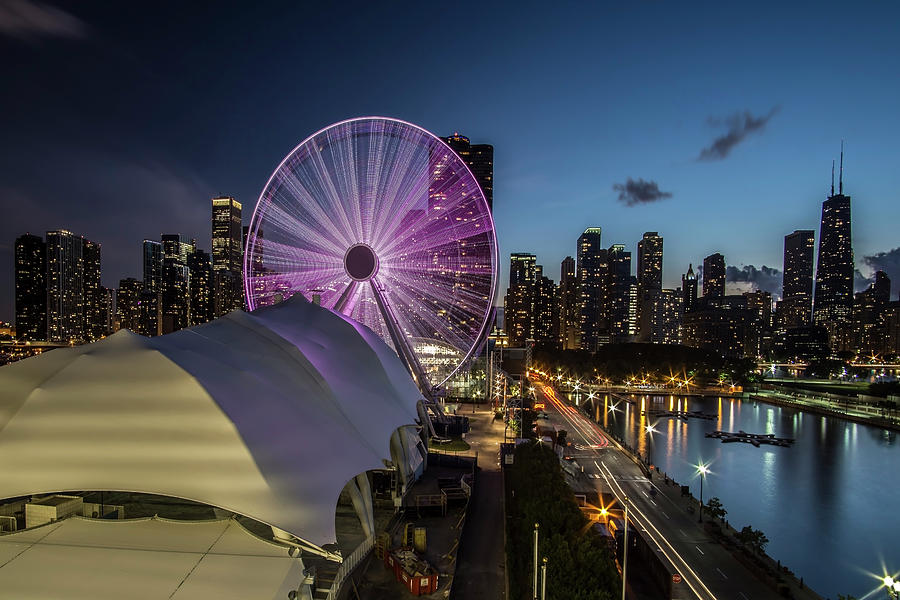 Chicago Skyline with new ferris wheel at dusk Photograph by Sven Brogren
