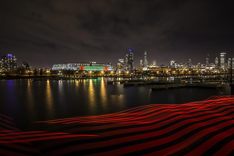 Chicago Skyline with red pixel stick at night  Photograph by Sven Brogren