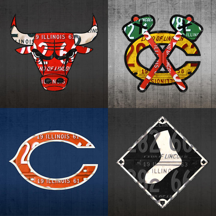 Chicago Sports Fan Recycled Vintage Illinois License Plate Art Bulls Blackhawks Bears and White Sox Mixed Media by Design Turnpike