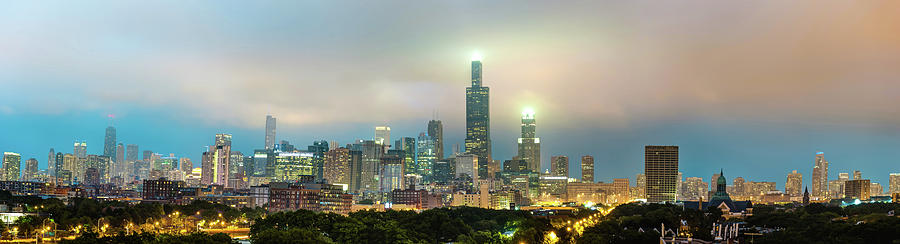 Chicago Photograph - Chicago Stormy Skyline Panorama at Night by Gregory Ballos