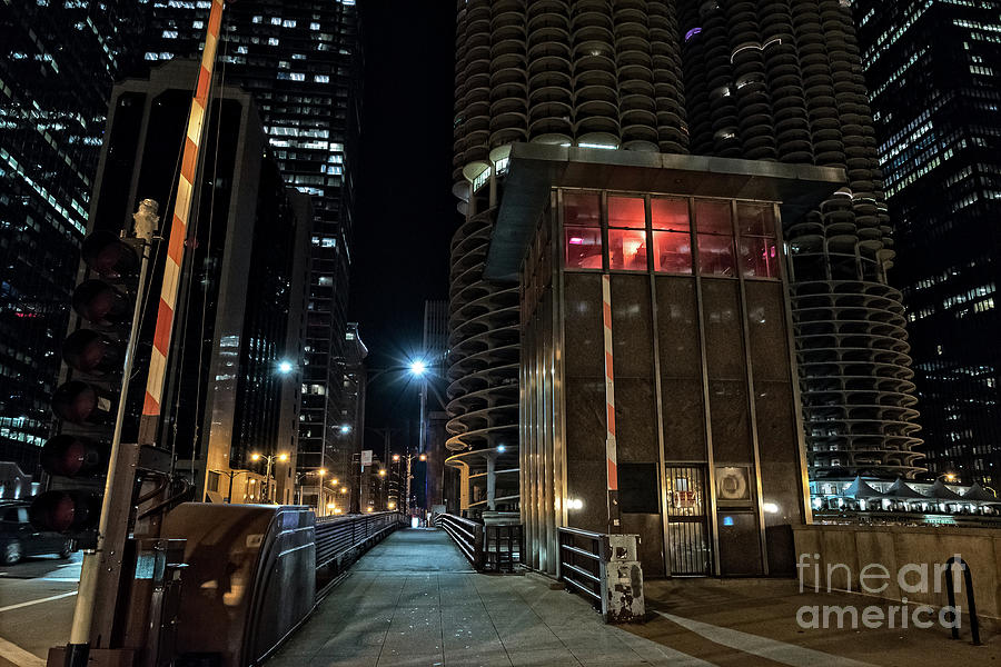 Chicago Photograph - Chicago urban vintage river drawbridge with tender house at night by Bruno Passigatti