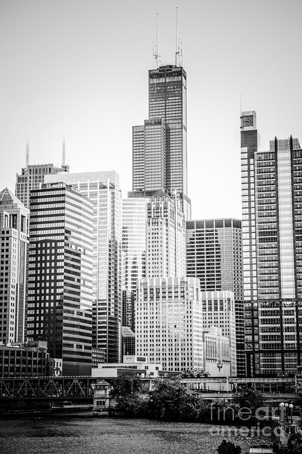 Chicago with Sears Willis Tower in Black and White Photograph by Paul Velgos