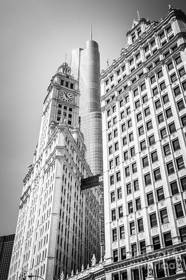 Chicago Wrigley Building and Trump Tower Black and White Photo Photograph by Paul Velgos
