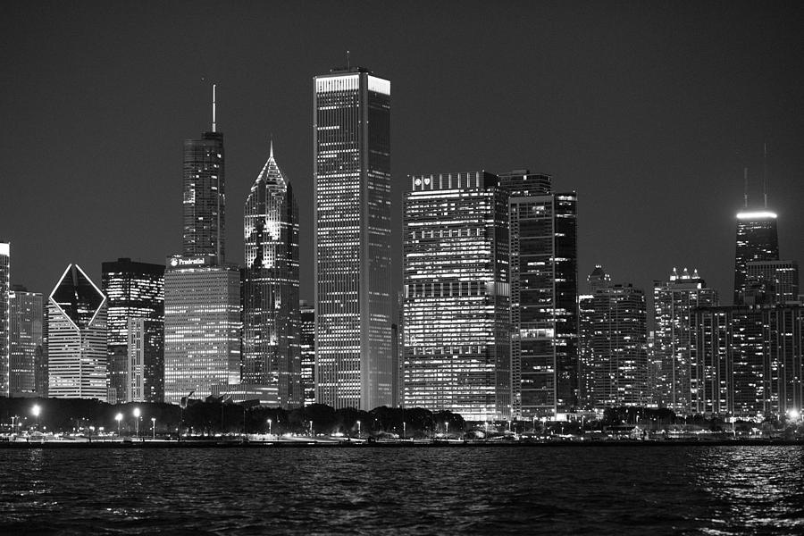 Chicago's Skyline And Lakefront At Night In Black And White Photograph 