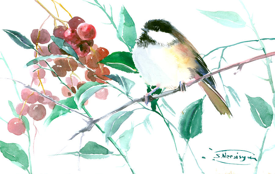 Chickadee and Berries Painting by Suren Nersisyan