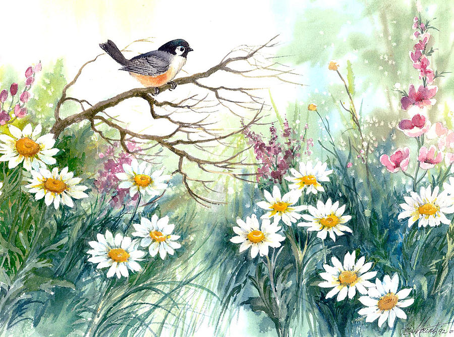 Chickadee and Daisies Painting by Lois Mountz