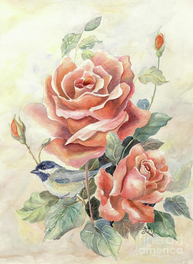 Chickadee and Roses Painting by Malanda Warner