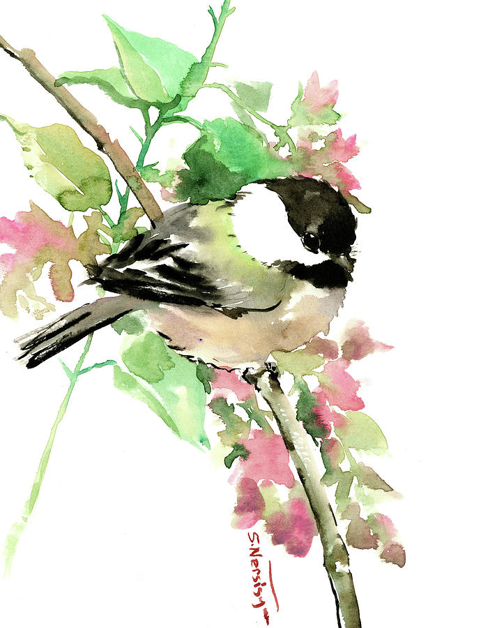 Chickadee and Spring Blossom Painting by Suren Nersisyan