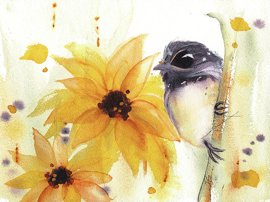 Chickadee and Sunflowers Painting by Dawn Derman