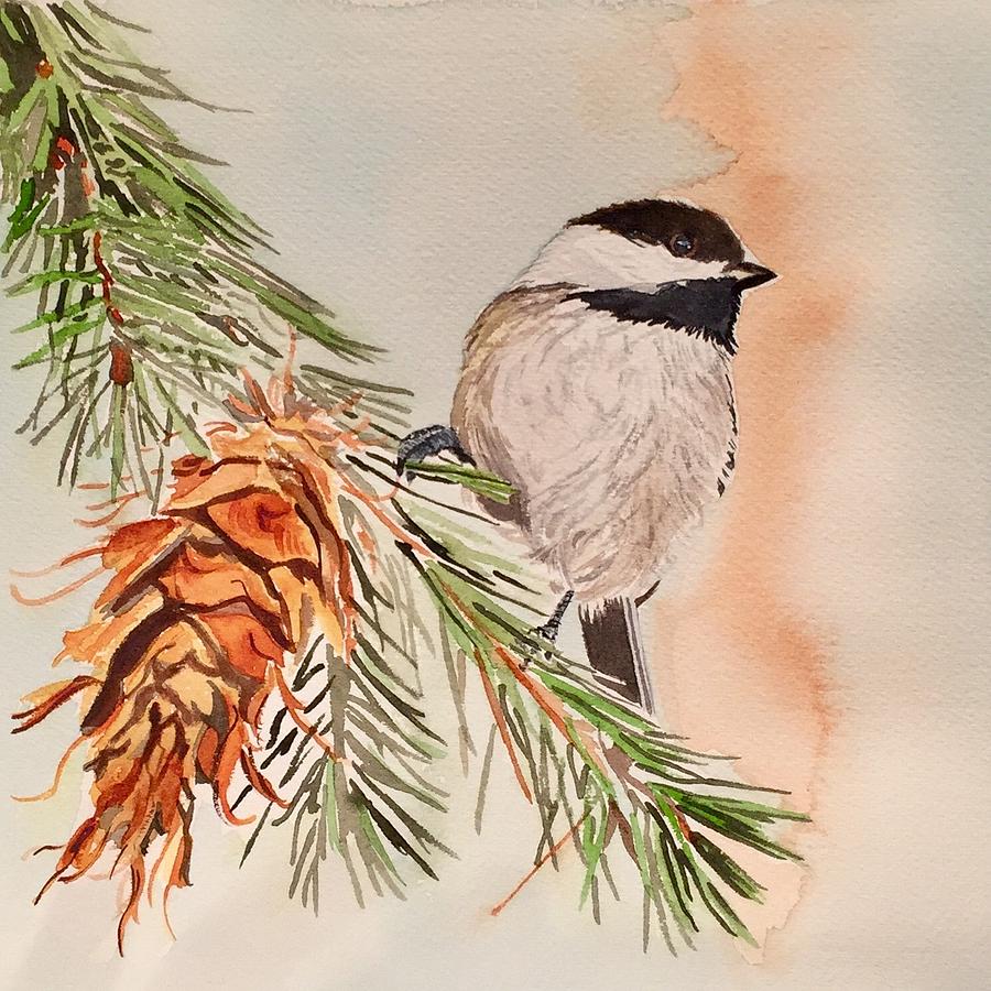 Chickadee in the Pine Painting by Sonja Jones