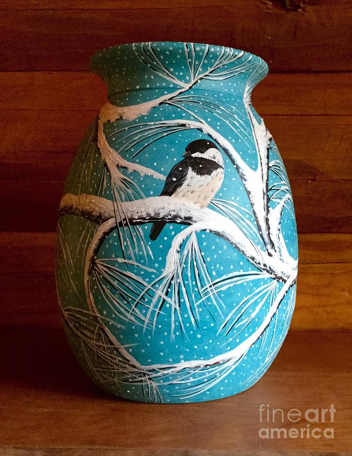 Chickadee in the Snow Vase Ceramic Art by Jennifer Lake
