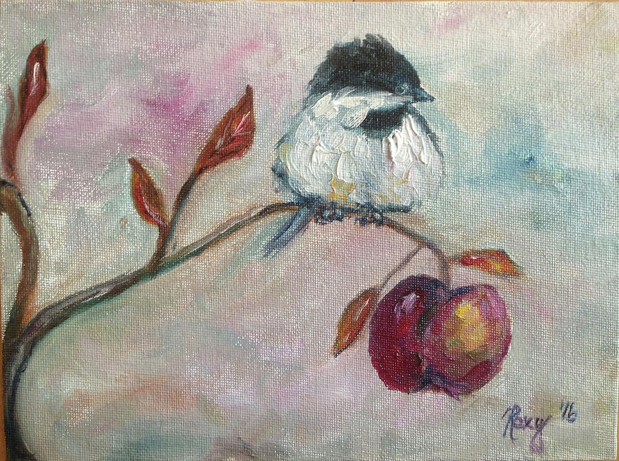 Chickadee Painting - Chickadee On An Apple Tree by Roxy Rich Chickadee Painting - Chickadee On An Apple Tree by Roxy Rich