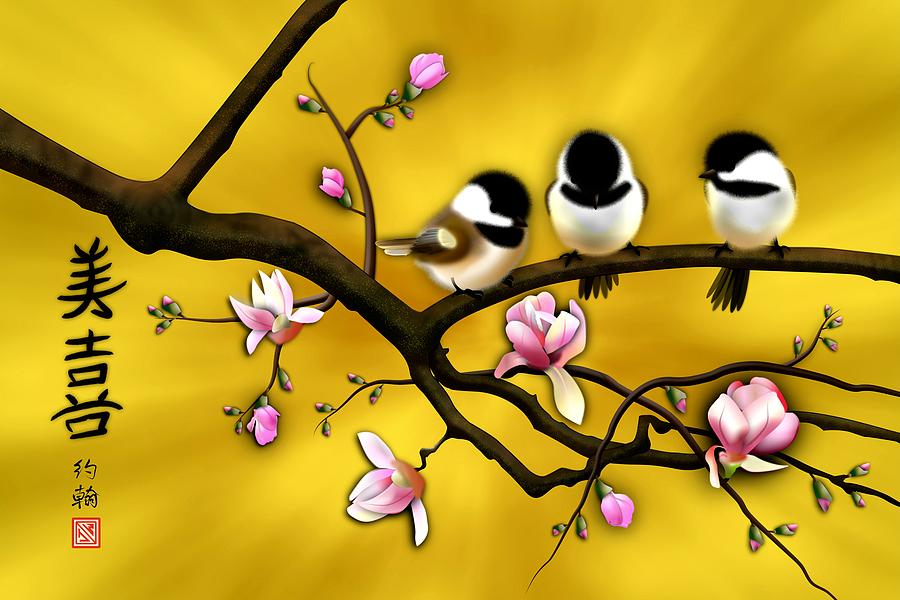 Chickadee on blooming Magnolia branch Digital Art by John Wills