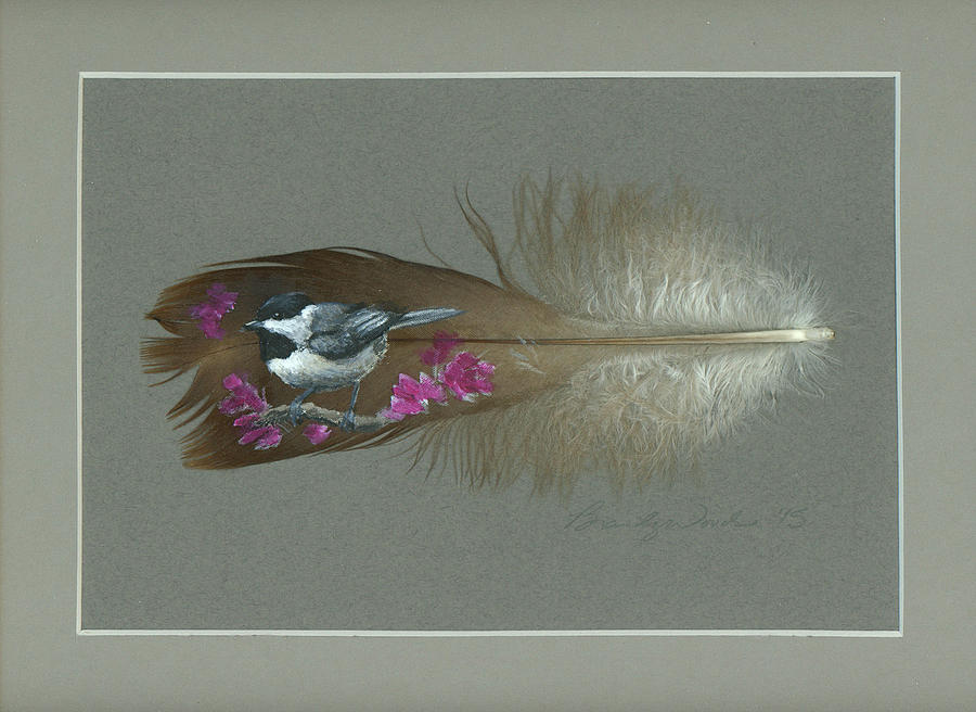 Chickadee Painted Feather Painting by Brandy Woods