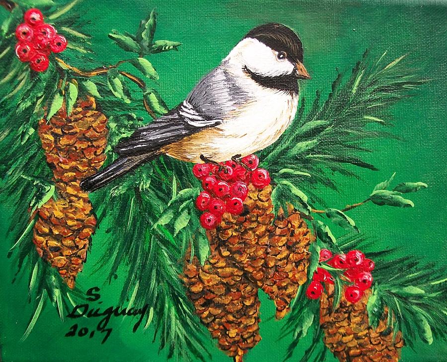 Chickadee and Pine Cones Painting by Sharon Duguay