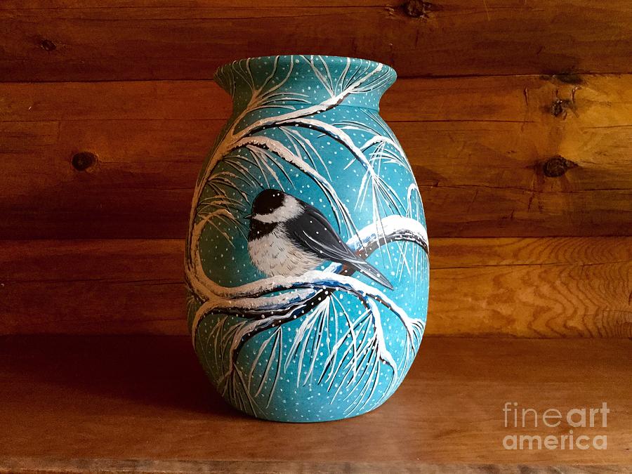 Chickadee Vase View 3 Ceramic Art by Jennifer Lake