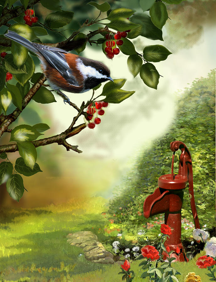 Cherry Painting - Chickadee visiting the water pump by Regina Femrite