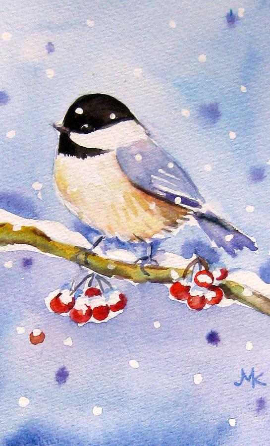 Chickadee W. Berries Painting by Meltem Kilic