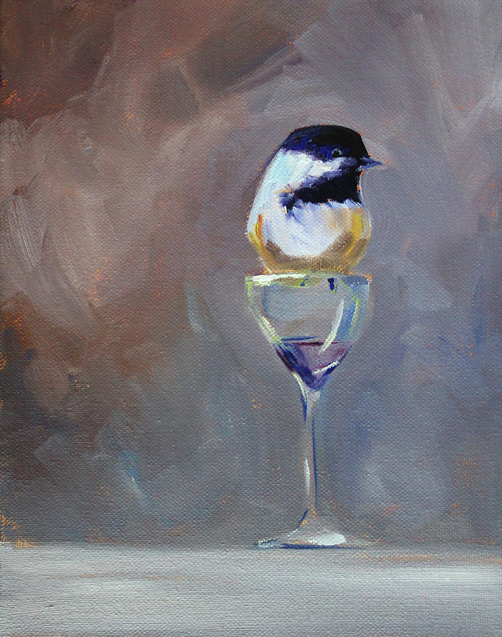 Chickadee Wine Painting by Nancy Merkle