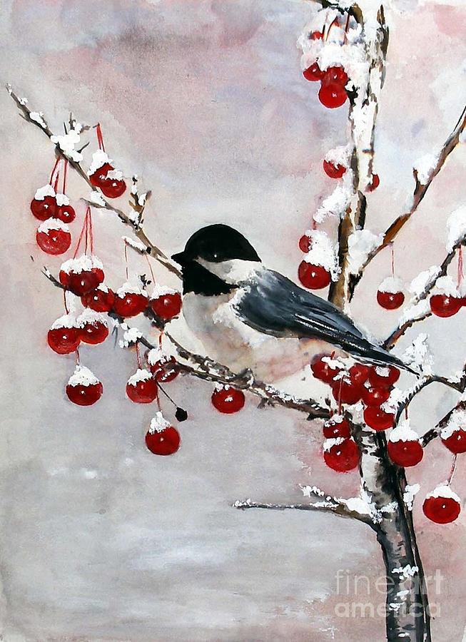 Chickadee With Red Berries Painting By Sibby S