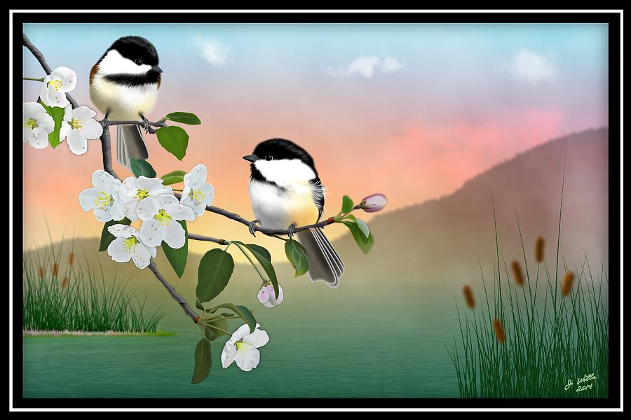 Chickadee Digital Art - Chickadees and Apple Blossoms by John Wills