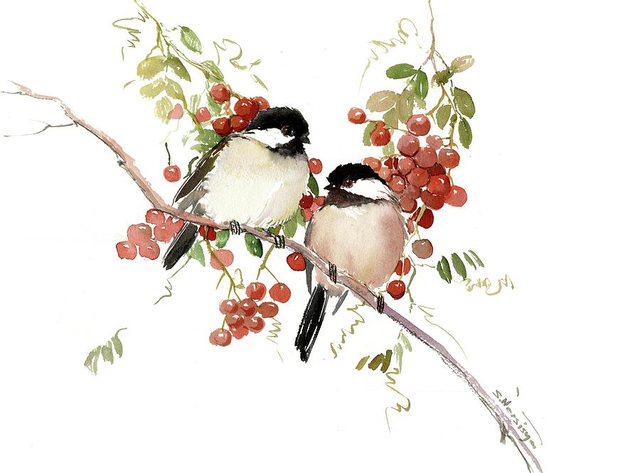 Chickadee Painting - Chickadees And Berries by Suren Nersisyan
