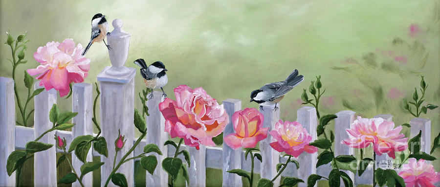 Chickadees and Pink Roses Painting by Julie Peterson