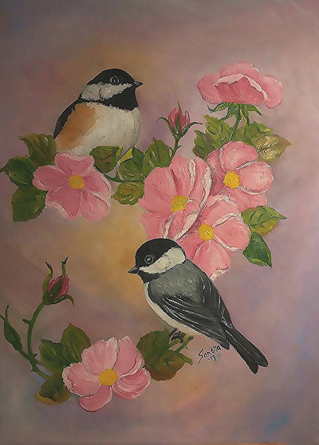 Chickadees And Roses Painting