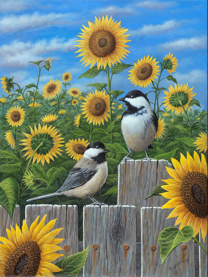 Chickadees And Sunflowers Painting