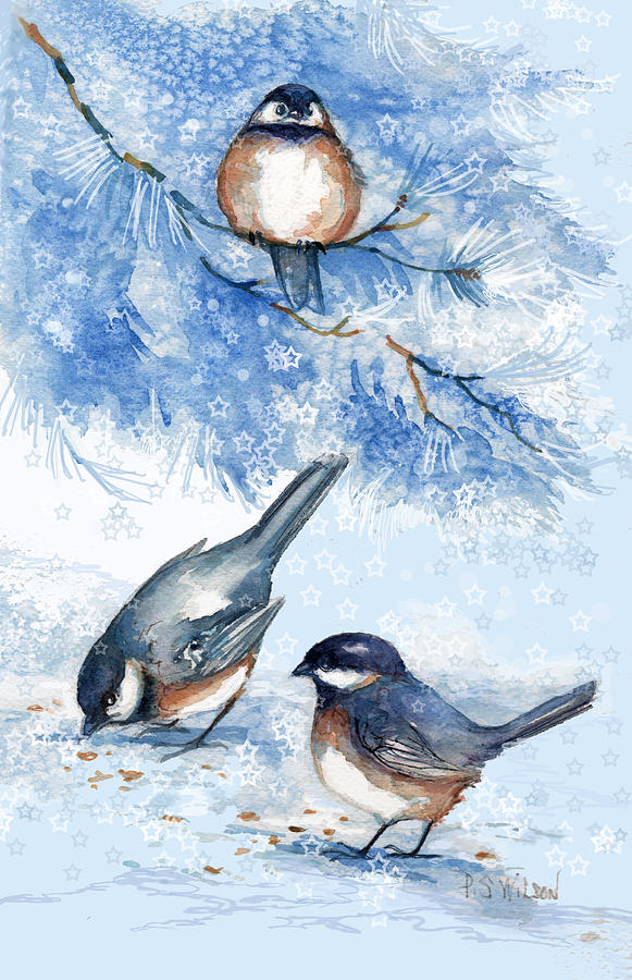 Chickadees in Snow Painting by Peggy Wilson