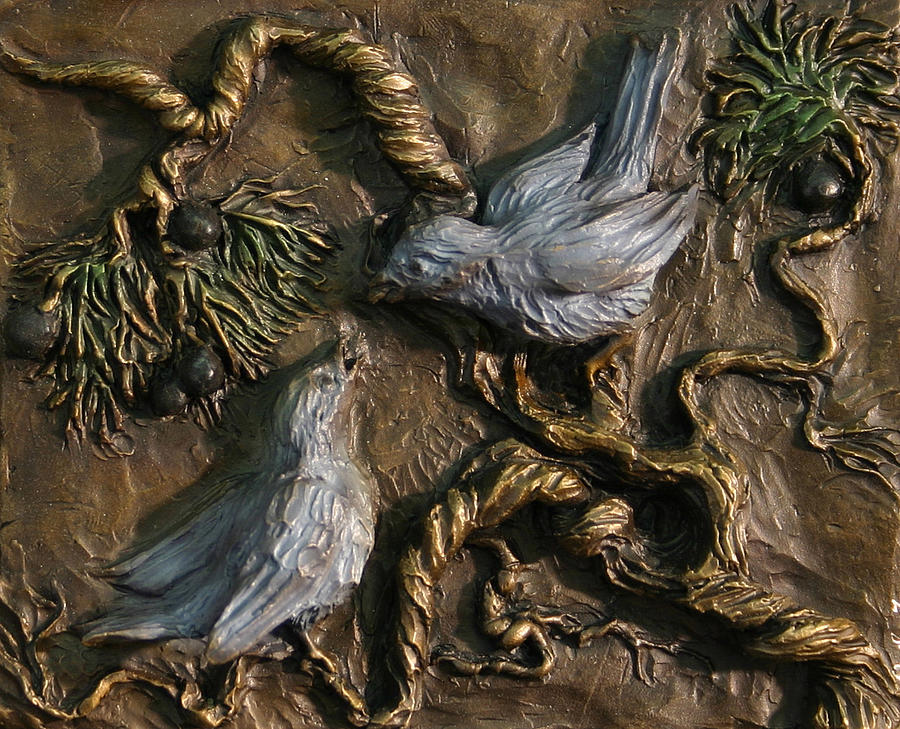 Bird Relief - Chickadees on Juniper with Berries  by Dawn Senior-Trask